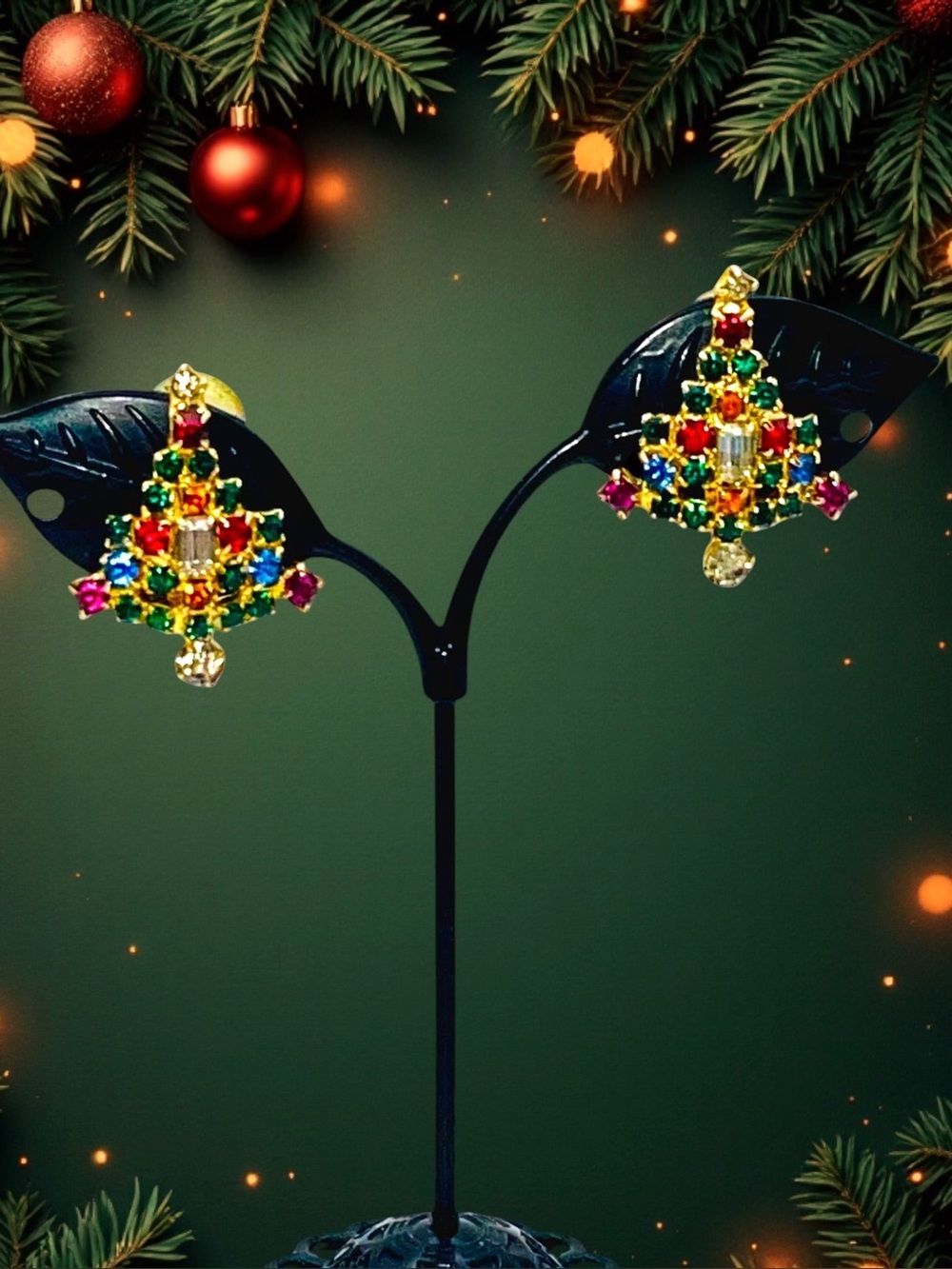 Stunning Vintage Rhinestone Christmas Tree Clip Earrings Estate Exc Cond